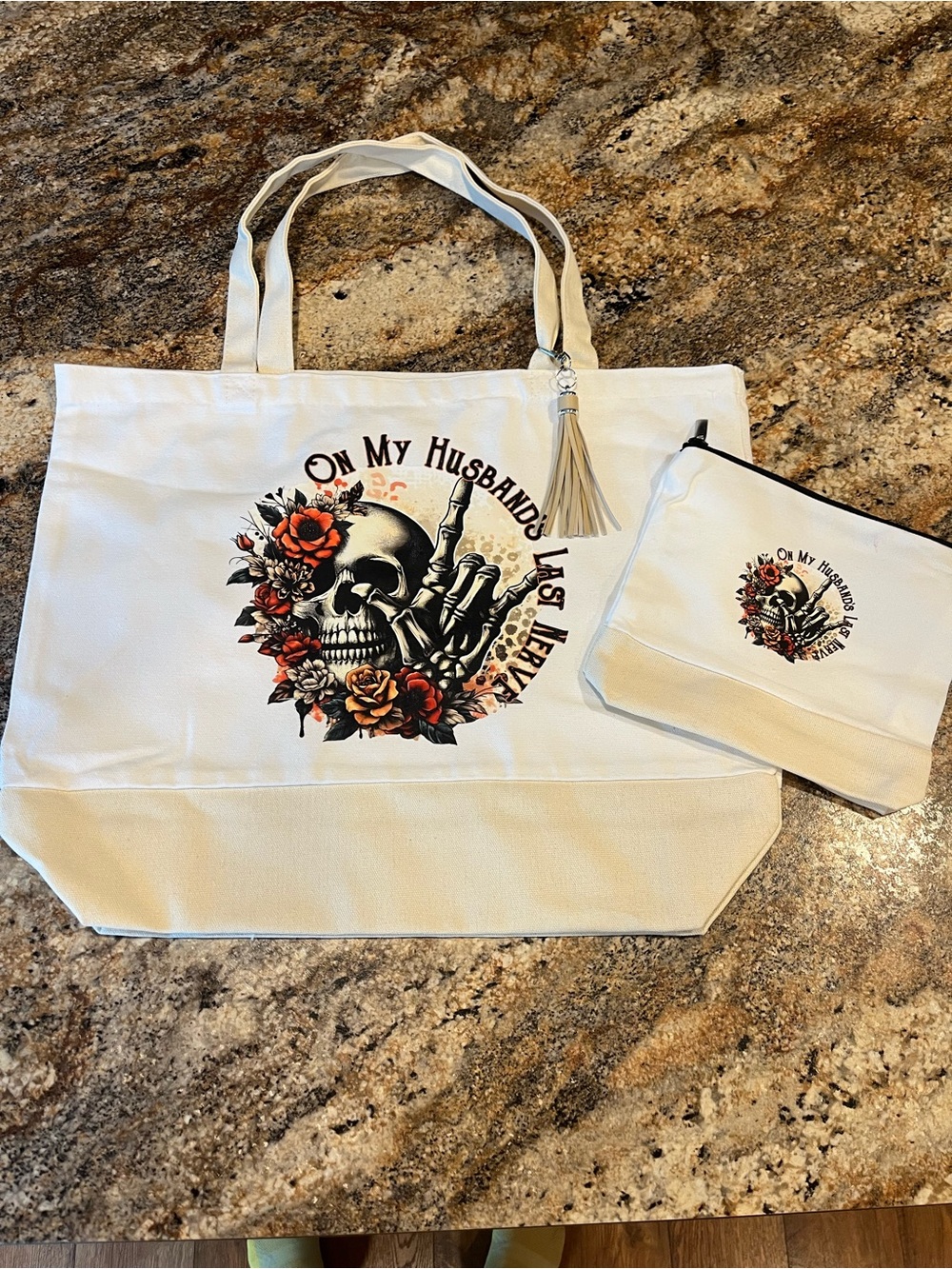 White Canvas Tote Bag with Skull & Floral Graphic - Women's Bag